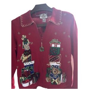 Tiara M Women's Christmas Cardigan Full Zip Gifts Teddy Bear Gold Stitching Gift